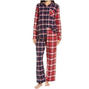 **Nordstrom Family Navy Peacock Mixed Tartan Flannel Pajamas Women's size L NWT
